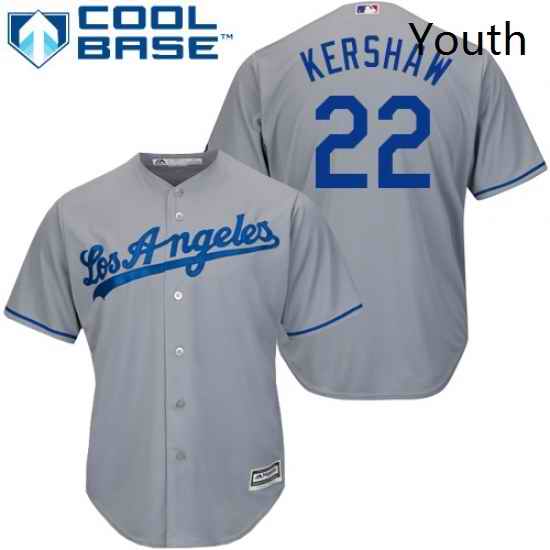 Youth Majestic Los Angeles Dodgers 22 Clayton Kershaw Replica Grey Road Cool Base MLB Jersey